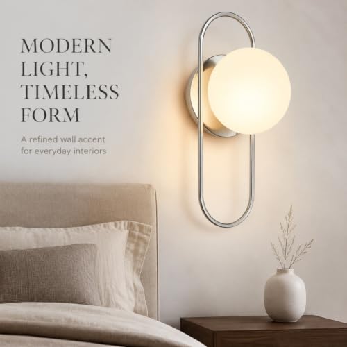 Image of Modern Wall Sconce Polished Nickel Globe Wall Light for Bedroom Hallway | Modern Minimalist Design Soft Frosted Globe Shade Polished Nickel Finish Warm & Comfortable Lighting Ideal for Bedroom