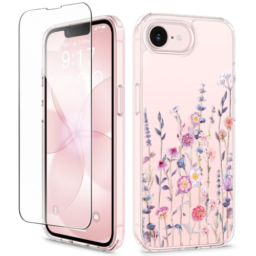 GVIEWIN for iPhone 17e Case & iPhone 16e Case with Screen Protector [Non-Yellowing][Military-Grade Protection] Hard PC&TPU Bumper Floral Shockproof Protective Clear Phone Case (Floratopia/Colorful)