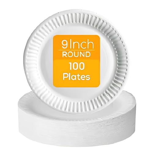 PRISTINE ENTERPRISE White Paper Disposable Plates Pack of 100 Large 23 cm 9 Inch, 100% Natural and Recyclable Ideal for Birthday, Anniversary, BBQs, Picnics, Parties Suitable for Hot & Cold Food