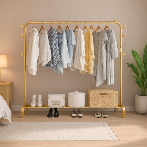 Image of Mevigo Heavy Duty Metal Clothing Rack with Storage Shelf | Freestanding Garment Organizer for Clothes, Shoes & Bags | Modern Wardrobe Rack for Bedroom, Entryway & Laundry Room -Bright Gold