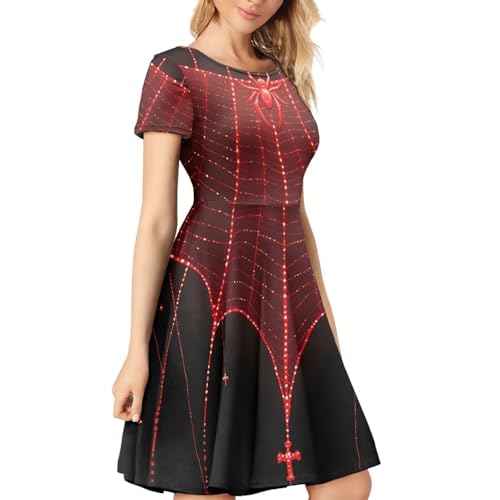 Image of POLERO Women Puffy Swing Elegant Party Midi Dresses Short Sleeve Round Neck A-Line Dress