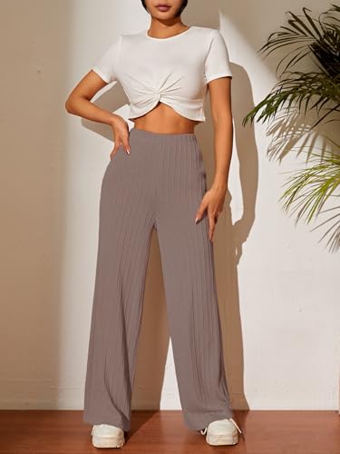 Image of TOPLOT Ribbed Knit Trousers for Woman | High Waist Wide Leg Palazzo Pants with Elastic Waist | Straight Relaxed Fit Casual, Office, Travel & Lounge Wear (5252)