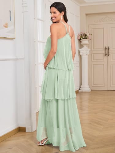 Image of AISWI Maternity Halter Neck Maxi Dress Sparkly Mesh Tiered Ruffle Pregnancy Gown with Flower for Baby Shower Photoshoot