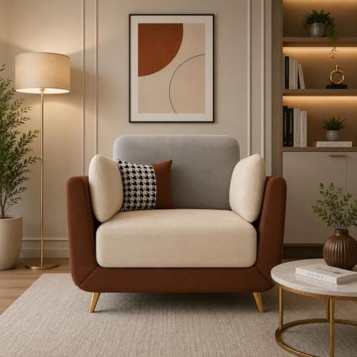 Image of Modern Sofa, 1 Seater with Decorative Cushions, Chesterfield Arm Three Seater for Living Room Guest Room Hotels & Office (1 Brown and Beige)