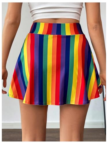 WDIRARA Women's Rainbow Striped Elastic Waist Active Tennis Skorts Golf Workout Skirt Shorts with Pocket2