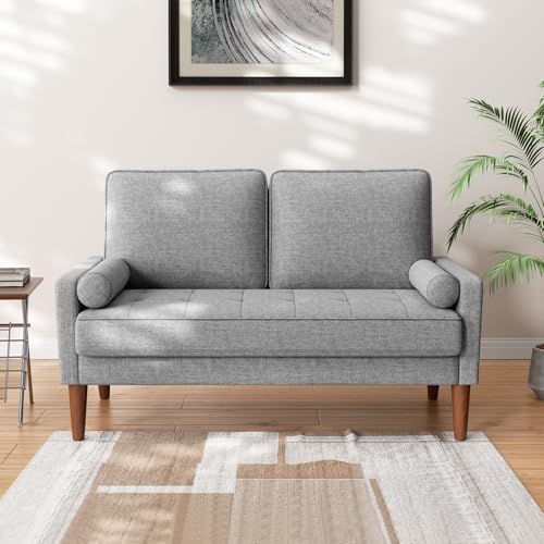 Meskanu Sofa 2 Sitzer, Modernes 2er Sofa mit 2 Wurfkissen, Kleine Stoffcouch mit Armlehne, Mini Sofa für Wohnzimmer/Wohnung/Büro, Einfache Montage, Lichtgrau, 121 x 77 x 87CM