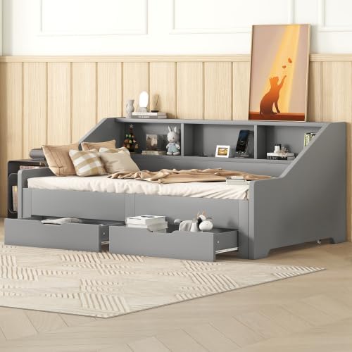 Harper & Bright Designs Twin to King Size Extendable Daybed with 2 Drawers and Storage Bookcases, Wooden Twin Daybed Frame with USB Charging, Grey