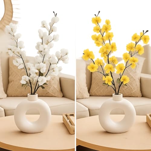 Image of SPHINX Ceramic Vase with Artificial Flowers| Flower Vase Pot for Home Decor,Living Room,Dining Table & Office|Modern for Decoration, (Donut with 1 Cherry Blossom Assorted White OR Yellow)