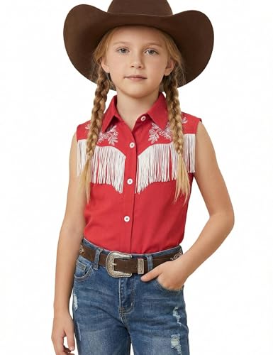 Image of Girls Fringe Shirt Sleeveless Button Down Western Cowgirl Tassel Trim Casual Blouse Shirt Top 4-13Y