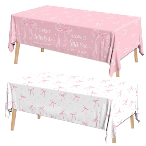 Image of 2Pcs A Sweet Little Girl is on Her Way Tablecloths,Pink Bow Baby Shower Decorations Coquette Bow Plastic Table Cover Pink Bow Birthday Party Tablecloth for Girl Baby Shower Party Decor