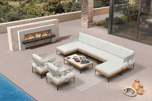 Image of PURPLE LEAF Patio Furniture Set Outdoor Conversation Sets with Fade-Resistant Cushions and Pillows 10 Pieces Aluminum Modern Wicker Sofa Chairs for Balcony Yard Garden, White