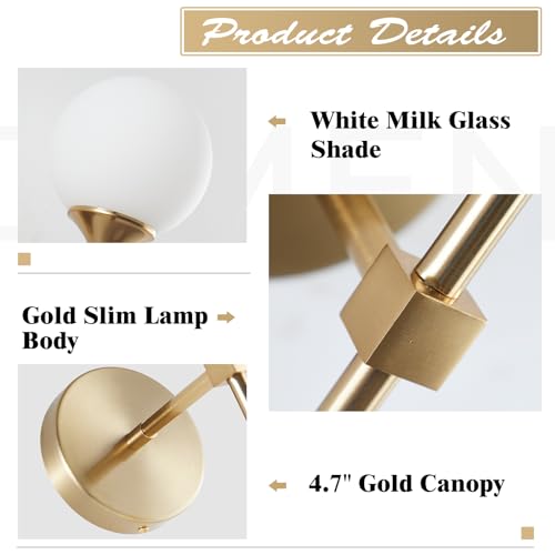 Image of KCO Mid-Century Modern Wall Mounted Sconces Set of 2 Brushed Gold Globe Vanity Light Fixture Long Arm Industrial Bathroom Lighting Fixtures Over Mirror (White)