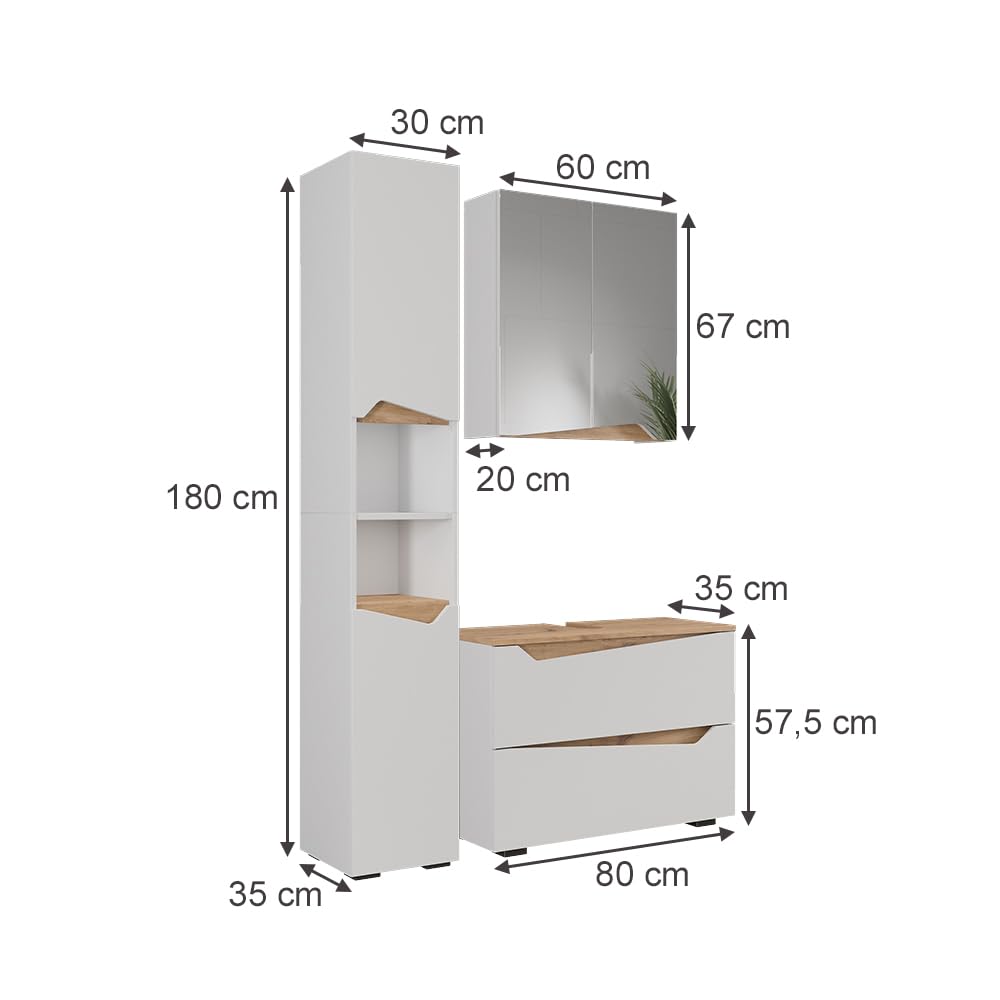 Vicco Badmöbel-Set Marelle, Weiß, 80 cm, besteht aus Waschbeckenunterschrank, Spiegelschrank und Hochschrank