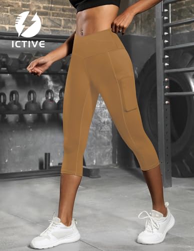 ICTIVE Women's Capris Yoga Pants with Pockets Crossover V Cross High Waisted Fitness Running Leggings Khaki XL — view 2