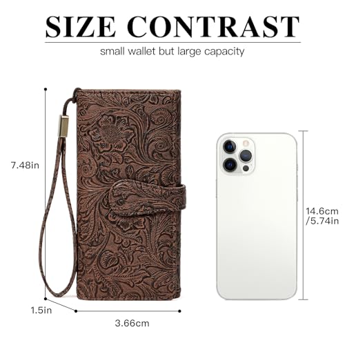 Image of Wristlet Wallet for Women Leather Clutch Purse Trifold Card Holder RFID Blocking Large Capacity Brown