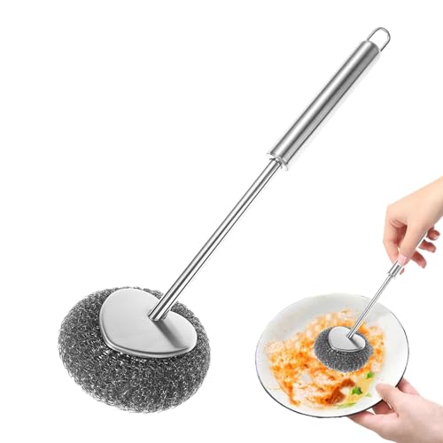 Stainless Steel Scrubber with Handle - 12.8x3.74 Inches Dish Scrubber Brush - Dishwashing Wire Ball Brush for Bowls, Plates, Pots Cookware, Grills, and Ovens