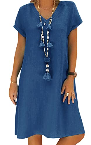 Sommerkleid Damen Leinen Kleider Casual V-Ausschnitt Midikleid Kurzarm A-Linie Kleid Strandkleid Ohne Zubehör (A Blau, L) Cover
