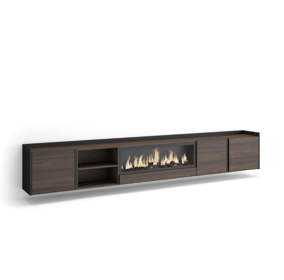 HABITMOBEL Mueble TV | Televisión | Muebles de salón, almacenaje | 315x50x35 cm | para TV hasta 80' ILUMINACION Realista LED Colgado, | Estilo Moderno | Roble Oscuro y Negro