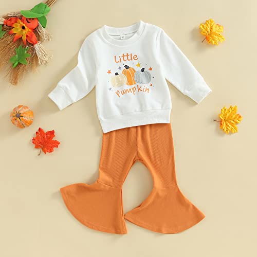 Halloween Outfit Toddler Baby Girl Little Pumpkin Crewneck Sweatshirt Top Shirt Bell Bottom Pant Fall Clothes (White- Little Pumpkin, 0-6 Months) #TOP1