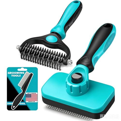Image of Professional 3PCS Self Cleaning Slicker Brush & Pet Grooming Rake & Flea Comb for Dogs,Cats and Horses | Double-Sided Dematting Comb & Skin Friendly Deshedding Grooming Tool (Cyan)