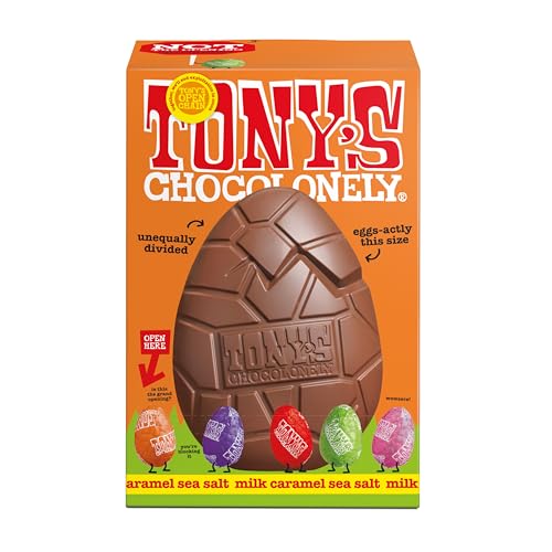 Tonys Chocolonely Large Easter Egg - Milk Chocolate Caramel Sea Salt with 5 Smaller Solid Chocolate Eggs - Fairtrade Easter Gifts (242g)