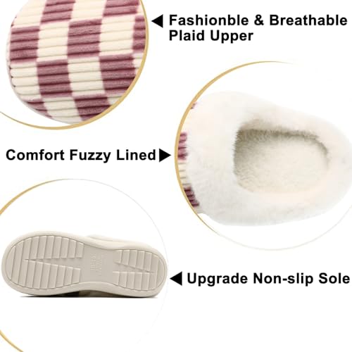 Image of Yueerlu House Slippers for Women Men, Fuzzy Checkered Mens Womens Slippers Warm Memory Foam House Shoes Indoor Outdoor with Faux Fur Lining