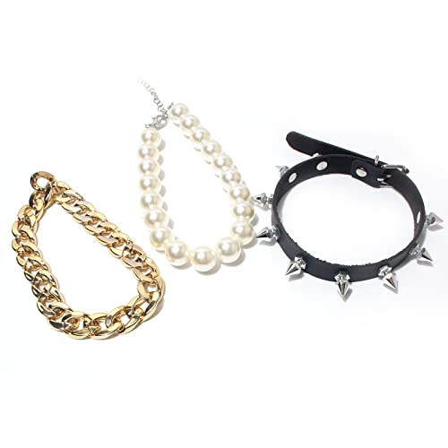 Kosmos-Li Gold Link Chain Punk Pearl Necklace For Dogs Tiny Bling For Small Dog Or Puppy - Lightweight Braided Metal Look - Fits Chihuahua, Yorkie, Mini Breeds - Cute Pet Jewelry And Accessories #TOP7