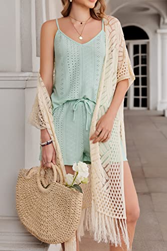 Hotouch Summer Boho Cardigan For Women Short Sleeve Open Front Crochet Kimonos Lightweight Sweater Beige #TOP2