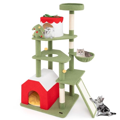 PETSITE 61 inch Christmas-Themed Cat Tree, Multi-Level Cat Tower with Sisal Scratching Posts, 2 Cat Condos, Basket Bed, Sisal Covered Ladder, Cute Cat Tree for Indoor Cats