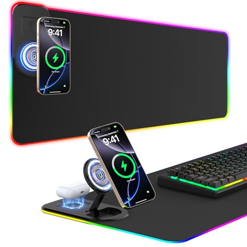 RGB Gaming Mauspad 15W Qi Mousepad LED 800x350x4mm 10 Beleuchtungsmodi mit 10W Schnellladung Qi Kabelloses Laden für I-Phone 13/13 Pro Handy, Kopfhörer, Wasserdicht, rutschfest (Schwarz-Ständer)