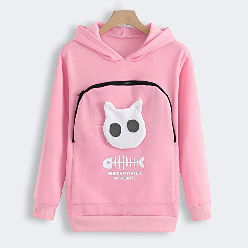 Damen Pullover Kapuzenpullover mit Katzen Hund Tasche Hundetasche Katze Sweatshirt Pulli Hoodie Kapuze Katzenpulli Beutel Langarm Winter (Rosa, S)