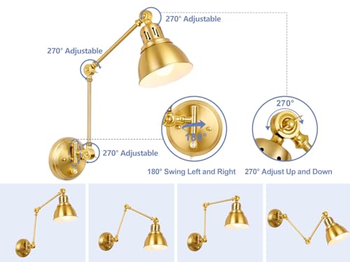 Image of 1 Pack Plug in Wall Sconce with Remote, Dimmable, Adjustable Colors, Swing Arm Wall Lamp, Plug in Wall Light with Timer & Night Light (Gold, with Bulb+Remote)