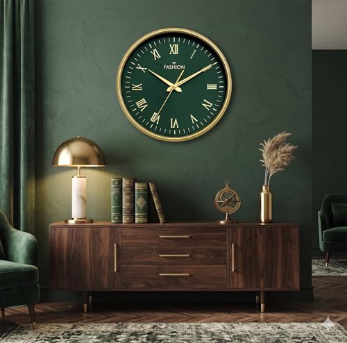 Image of Elica Fashion Round Wall Clock, Green & Gold, Roman Numerals, Decorative Home Decor for Living Room (Gold-RF)
