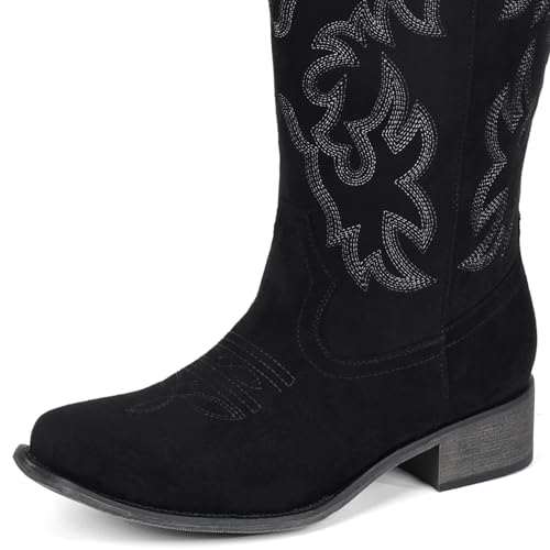 Image of IUV Cowboy Boots For Women Square Toe Wide Mid Calf Western Pull On Suede Fashion Black Brown Cowgirl Boots