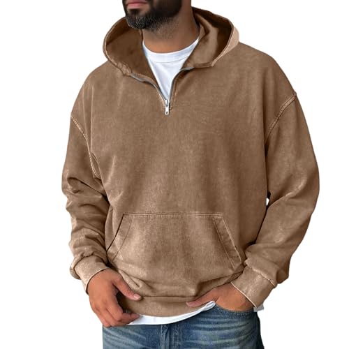 Mens Acid Wash Hoodie Vintage Distressed Fleece Sweatshirt Casual Solid Color Long Sleeve Hooded Pullover Fashion Tops