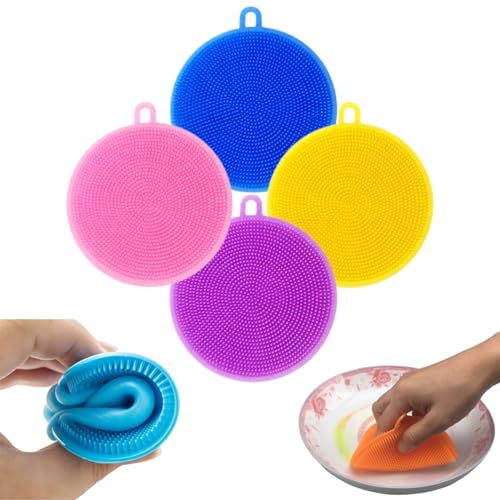 Image of Cleaning Sponge Silicone Scrubber for Kitchen Scrubber Fruit and Vegetable Washing Brush Round Scrubber Pad Multipurpose Silicone Dishwashing Tools (Multicolor) (4)