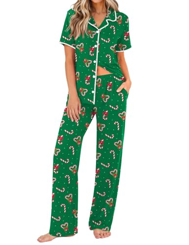 Ekouaer Womens Pajama Sets Button Down Loungewear Short Sleeve Sleepwear 2 Piece Pants Pjs Set with Pockets Xmas Green Candy Canes XL