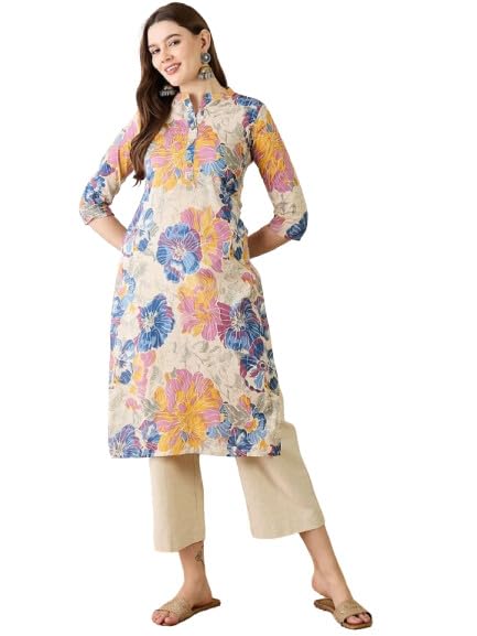 Image of Amazon Brand - Tavasya Women Pure Cotton Floral Print Straight Designer Kurta | Regular Wear | Mandarin-Neck | 3 /4th Sleeves