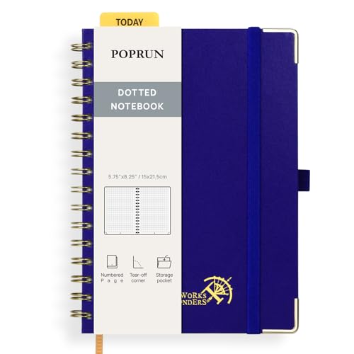 POPRUN Cuaderno de Notas con Espiral, Dotted Pages, Tamaño A5, Papel Grueso de 120 GSM, 141 Páginas Numeradas, con Bolsillo, Pestañas de Indice, 8 Hojas Perforadas, Azul Zafiro