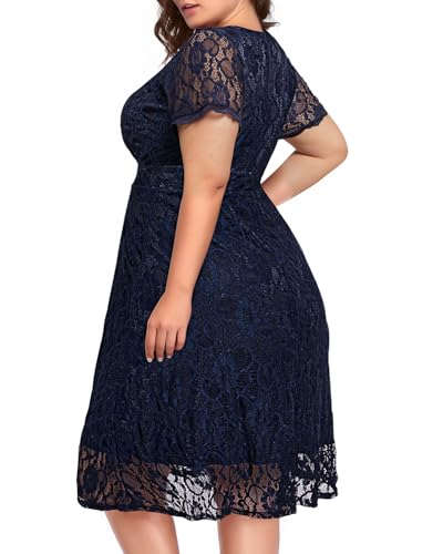 Women's Wedding Guest Plus Size Semi Formal Cocktail Lace Wrap V Neck Short Sleeve Knee Length Dress2
