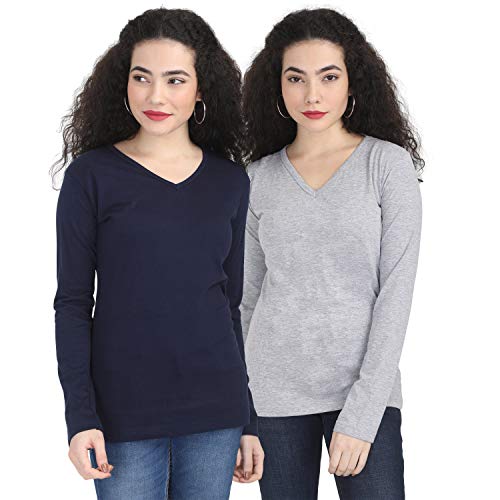 Image of FLEXIMAA Women's Cotton Plain V Neck Full Sleeve T-Shirt