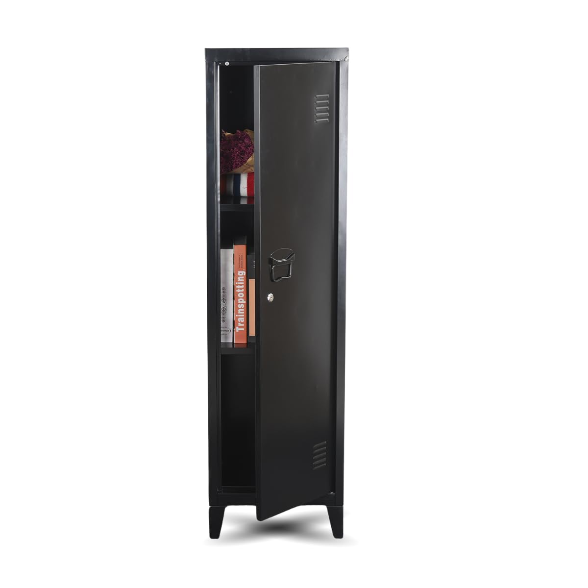FurnitureR Almacenamiento Carpetas con Cerradura, Armario de Metal, Todo en Hierro, con Puertas Planas, 3 Compartimentos Grandes, para Garaje, Oficina, Color Negro, 38.5 x 38.5 x 137.5cm