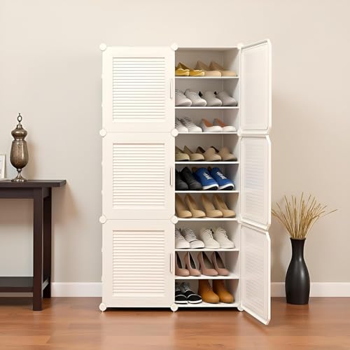 Image of Sunderlook Shoe Rack Plastic for Home- Shoe Stand, Chappal Stand, Professional Multipurpose Foldable Standing Comfort Runner Shoe Rack with Door, Slipper Stand (White, 18 Shelf 6 Door)