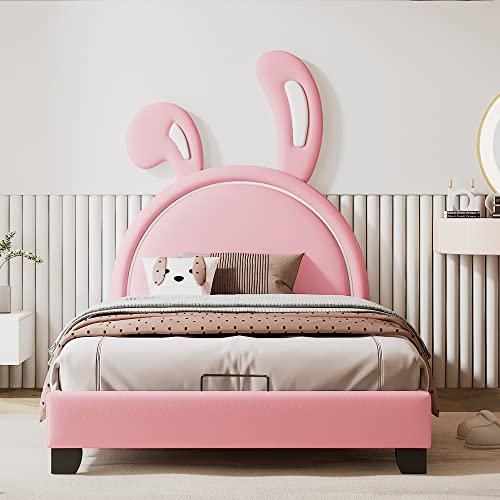 Soweiz Cama tapizada de 90 x 200 cm, cuna con somieres y respaldo, cama para niña en forma de orejas de conejo con pies elevados (colchón no incluido) (rosa)