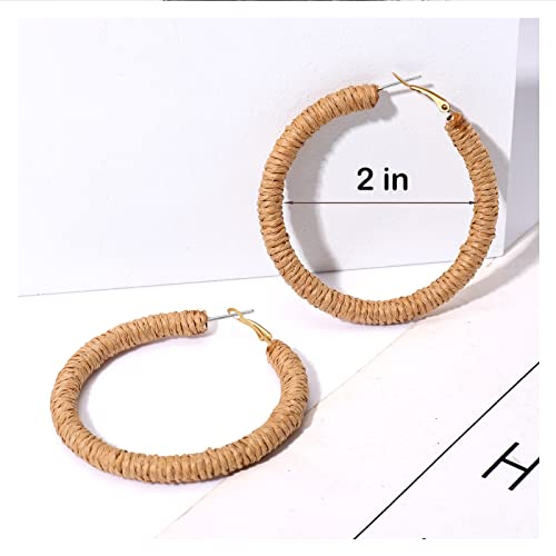 Rattan Earrings Boho Raffia Earrings For Women Handmade Woven Wicker Hoop Earrings Rattan Earrings For Women Big Circle Dangle Earrings (Brown) #TOP1