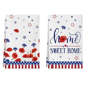 Sweet Home Red Blue Flowers Stars America Patriotic 4th of July Memorial Day Independence Day Kitchen Towels Dish Towels 18×26 Inch Home Decorations Hand Towels Set of 2 Drying Dishcloth