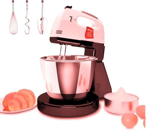 Stand Mixers, 7 Speeds With 3QT Stainless Steel Bowl, Stand and Hand Mixer with Dough Hook, Whisk, Mixing Beater for Baking, Cake, Cookie, Kneading (AS2)