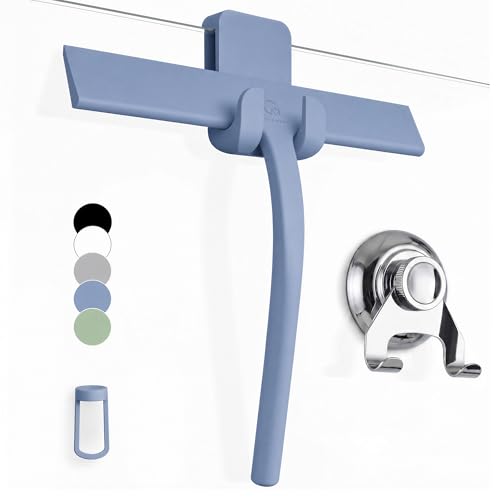 Image of GUTEWERK Silicone Shower Squeegee for Glass Doors & Mirrors with Stainless Steel Core, Streak-Free & No-Squeak Window Cleaning, 3-in-1 No-Drill Mount (Hook /Suction /Adhesive),Blue, 9 Inches