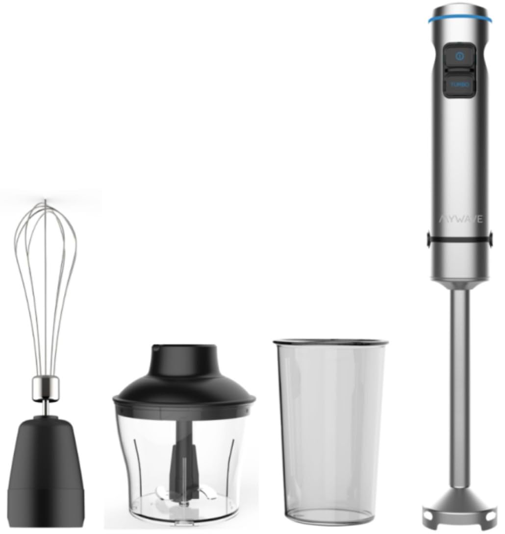 My Wave Blender ręczny - Do cieczy i ciał stałych - Moc 1,500 W - Regulacja prędkości + Turbo - Światło LED - Pręt, korpus i ostrze ze stali nierdzewnej - W zestawie akcesoria