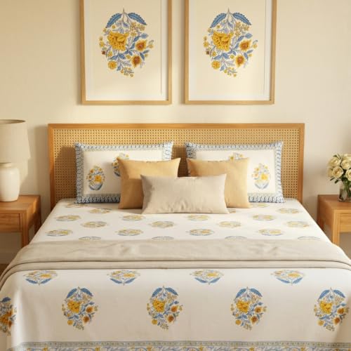 Image of Naksh Bedsheet Queen Size Bed Cotton | Royal Sajawat Vintage Mughal Floral Bedsheet with 2 Pillow Covers | Pure Cotton Bedsheets for Queen Size Bed | Royal Blue Cotton Bedding Set